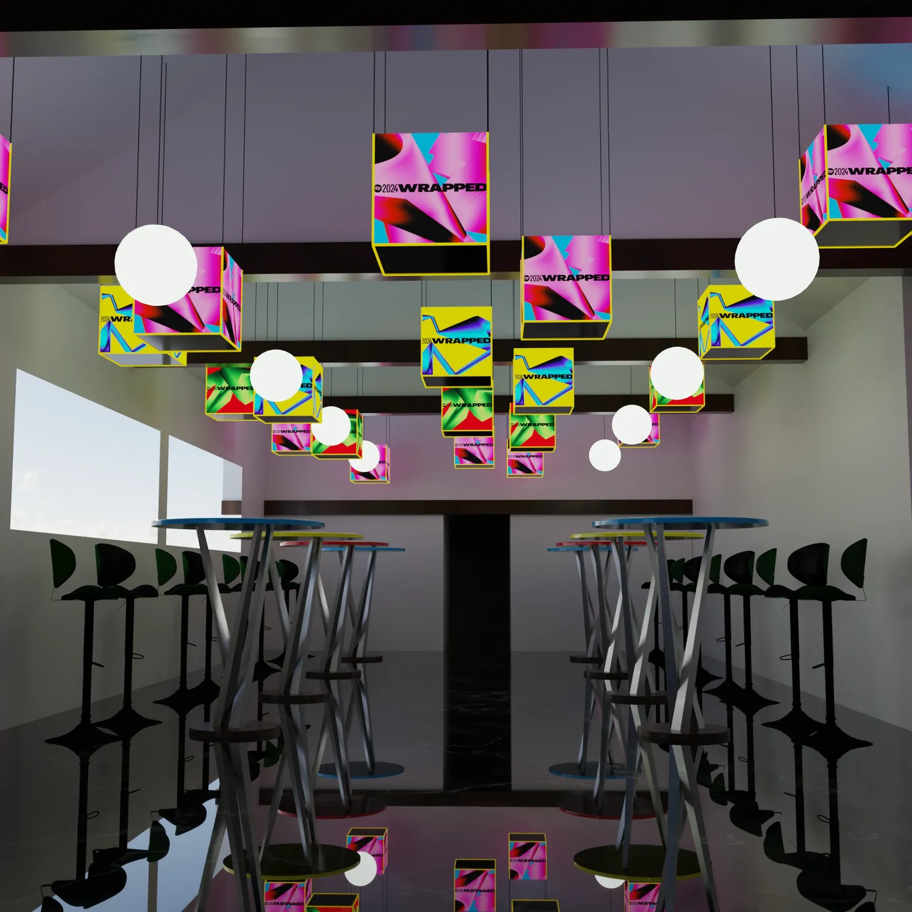 Bar space with high tables and stools under hanging Wrapped cubes and white globe lights, in neutral light.