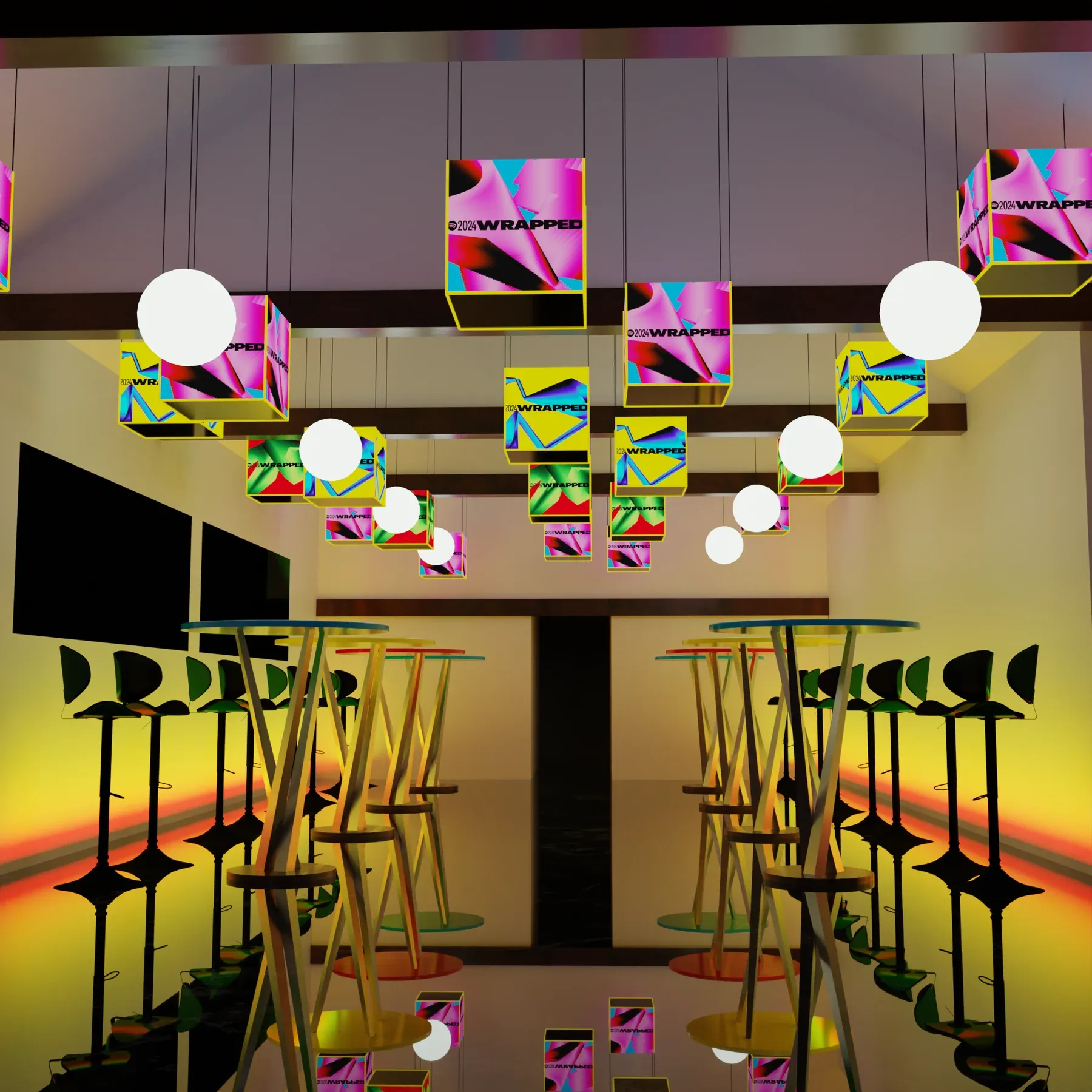 The same bar space in warm yellow light, with glowing floor edges.