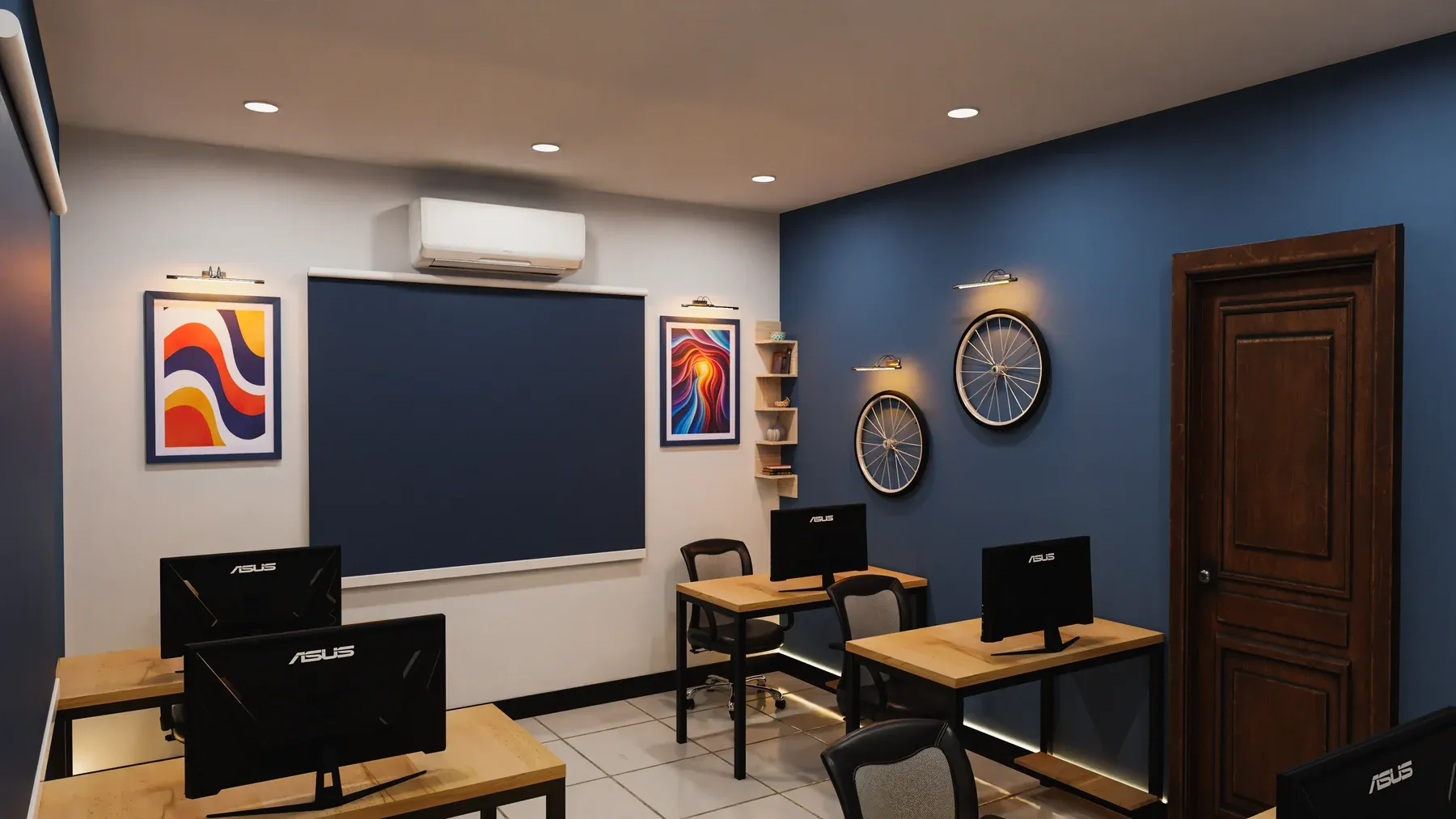 The same workroom seen from the other side, with desks, chairs and a wall-mounted air conditioner.