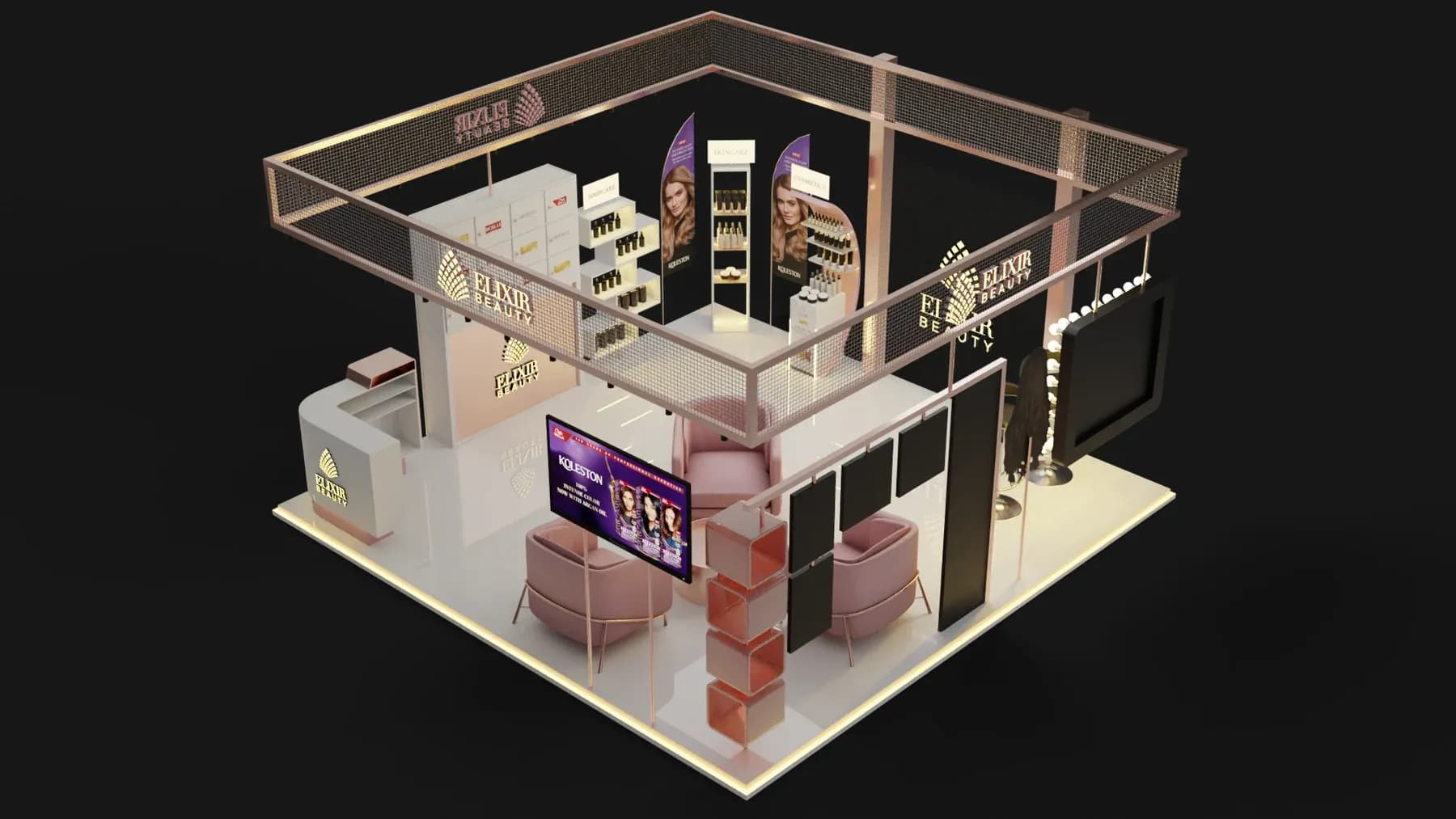 Aerial view of the Elixir Beauty booth from the left, showing the open frame, displays and seating.