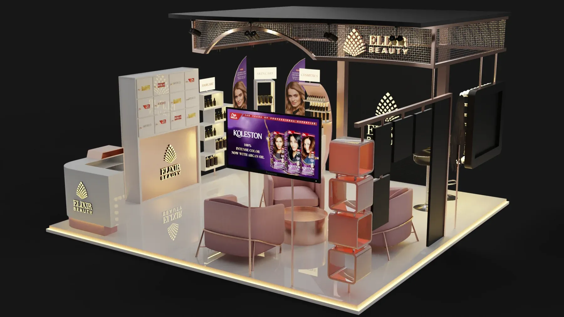 Aerial view of the Elixir Beauty booth from the right, with the curved canopy and pink seating.