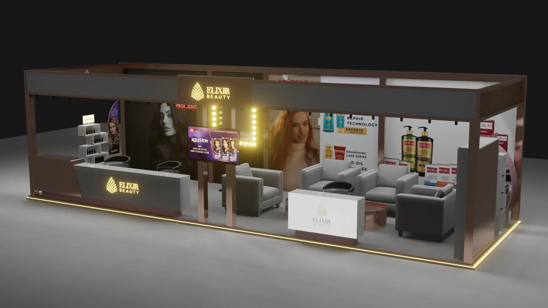 Front view of the Elixir Beauty booth with a reception desk, lounge seating and lit product displays.