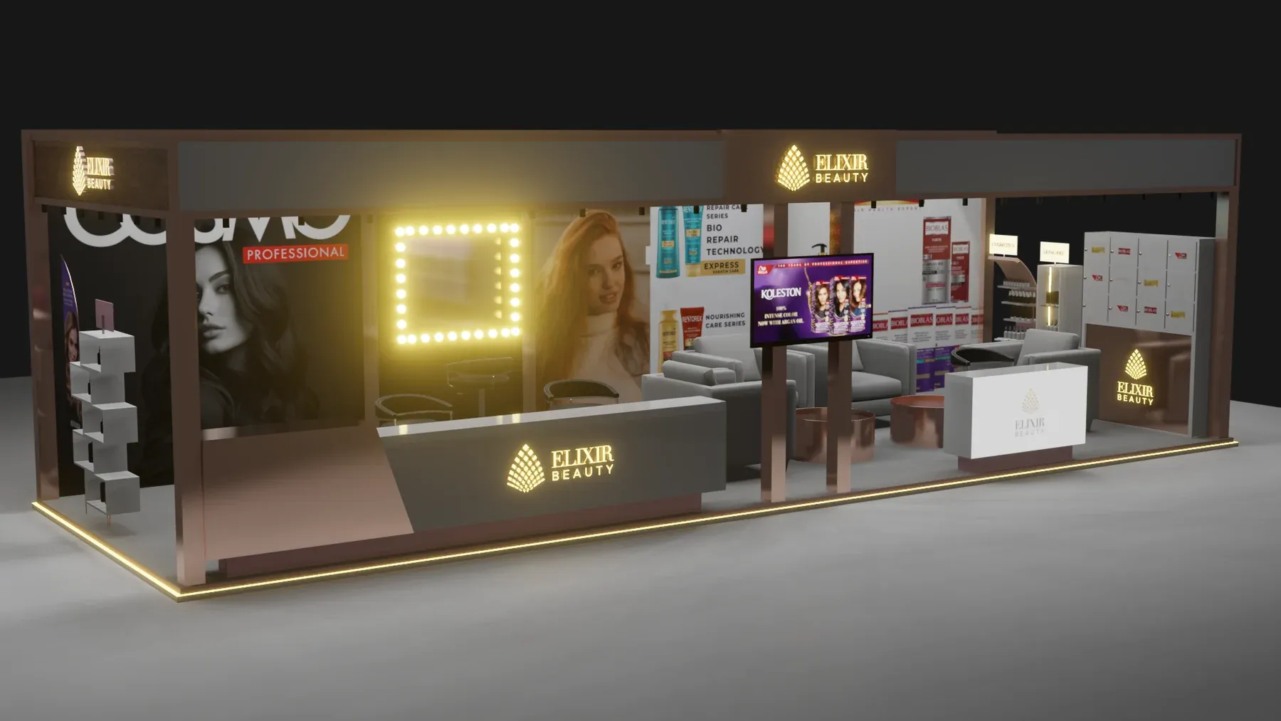 Elixir Beauty booth with a lit mirror frame, a media screen and a consultation area.