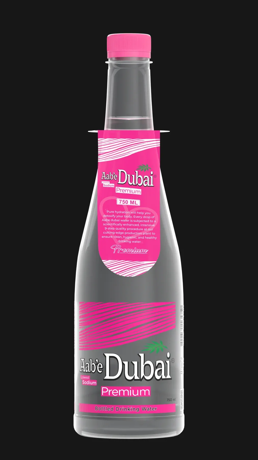 Bottle with a pink cap, a pink Aab'e Dubai neck tag and a pink-and-white English label.