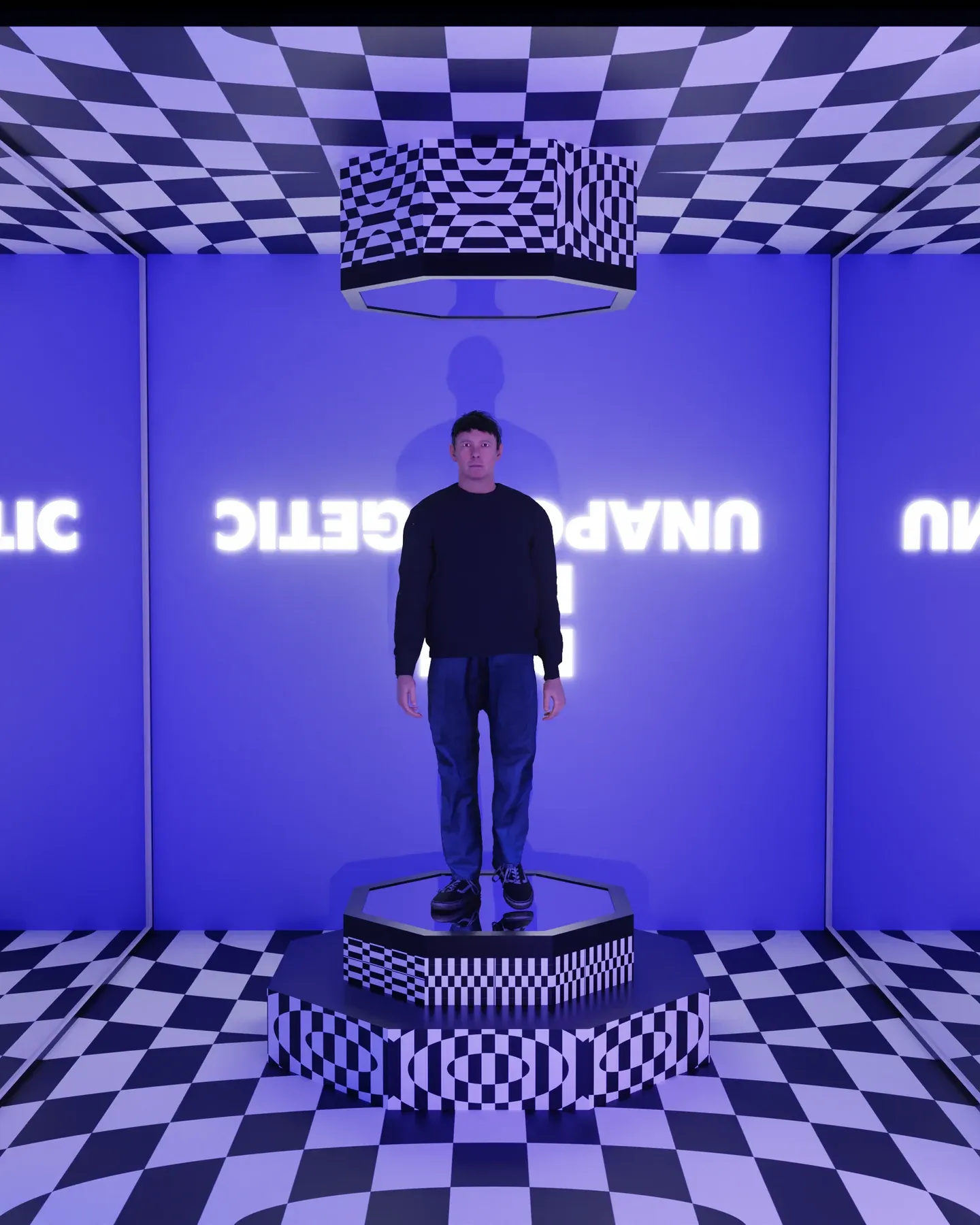 A figure on a podium inside a blue and purple checkerboard booth.