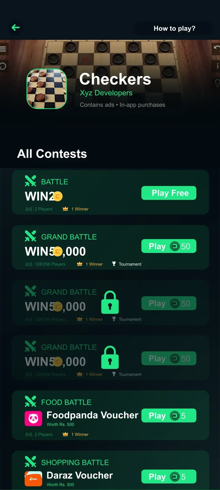 DICEON game page listing contests, each with a Play button and entry cost.