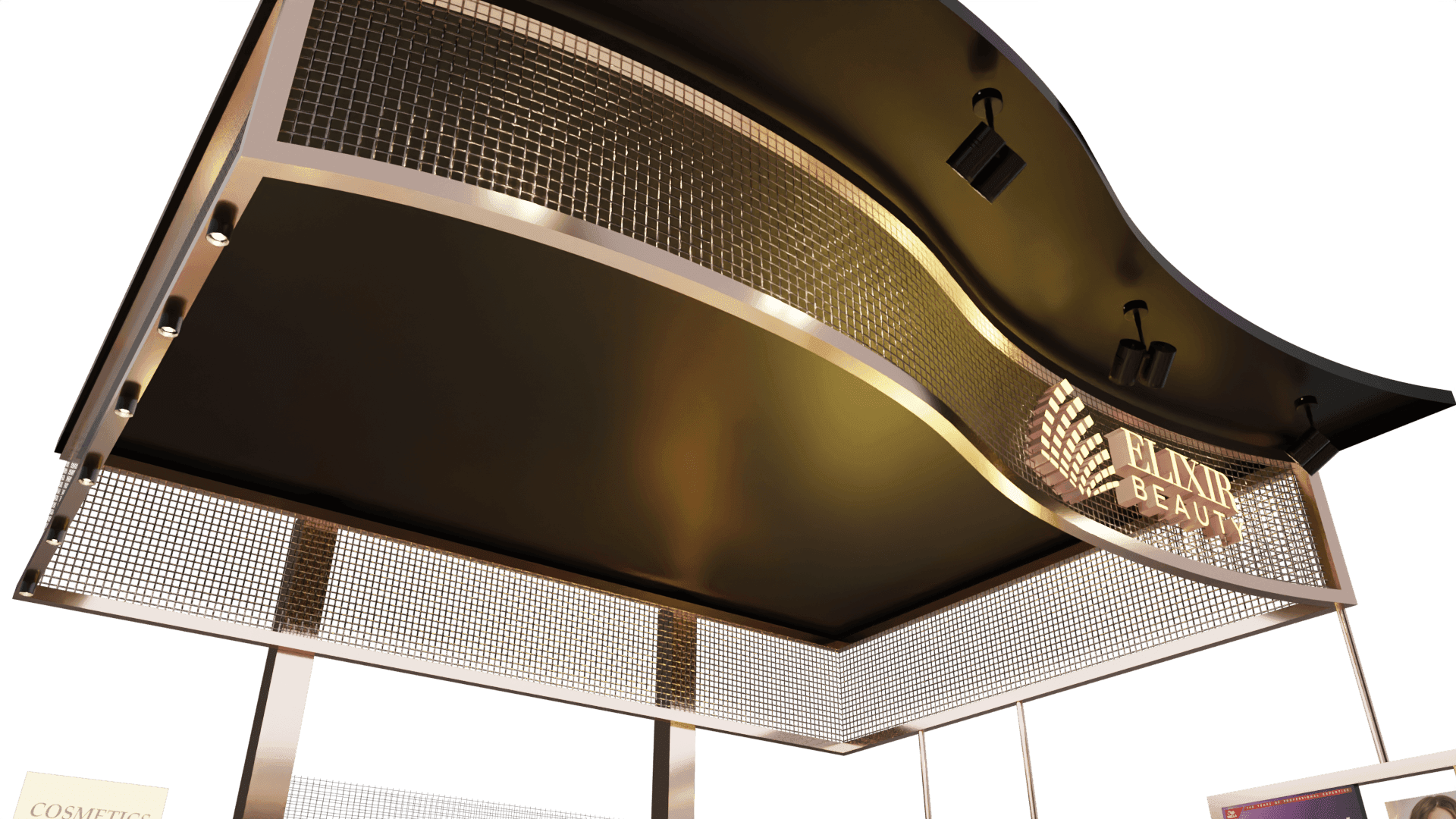 Looking up at the curved canopy of the booth, with metal mesh and the Elixir Beauty sign.