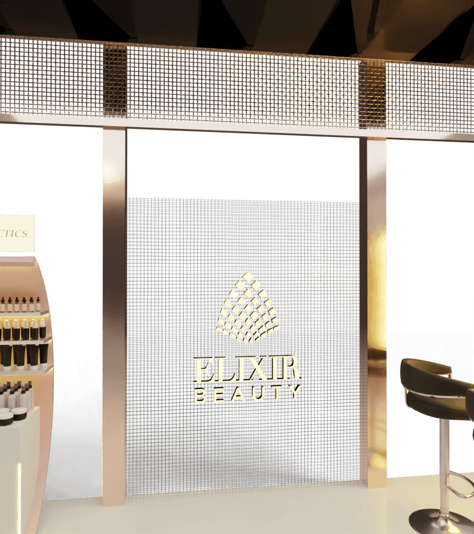 Elixir Beauty logo on a black wall panel with a gold edge.