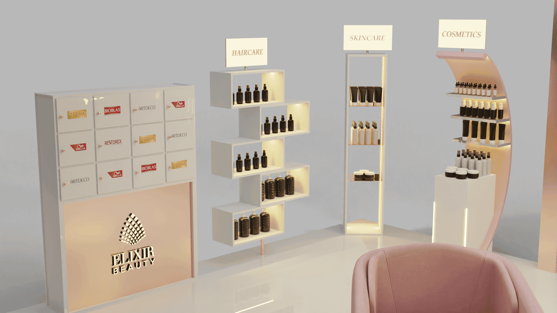 Product display units labelled Haircare, Skincare and Cosmetics beside the Elixir Beauty logo wall.