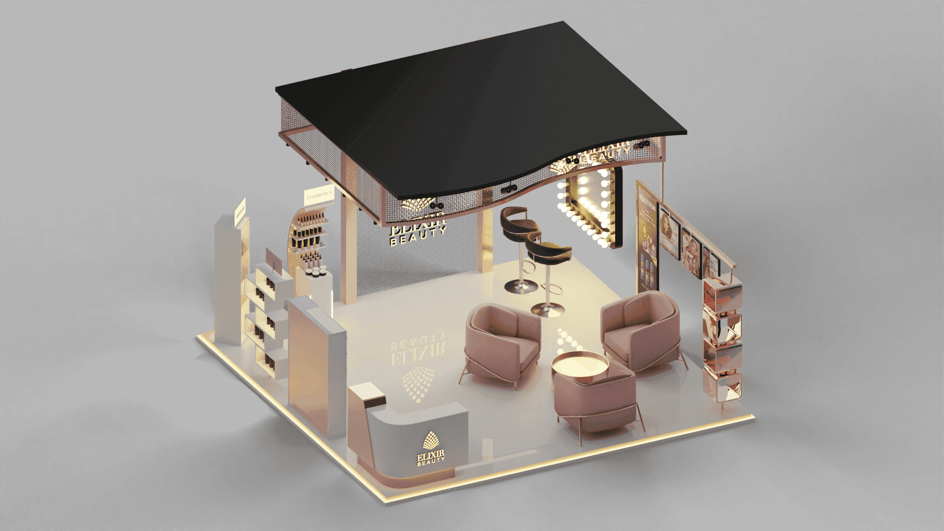 Aerial view of the Elixir Beauty booth with a dark canopy, pink armchairs and a reception desk.