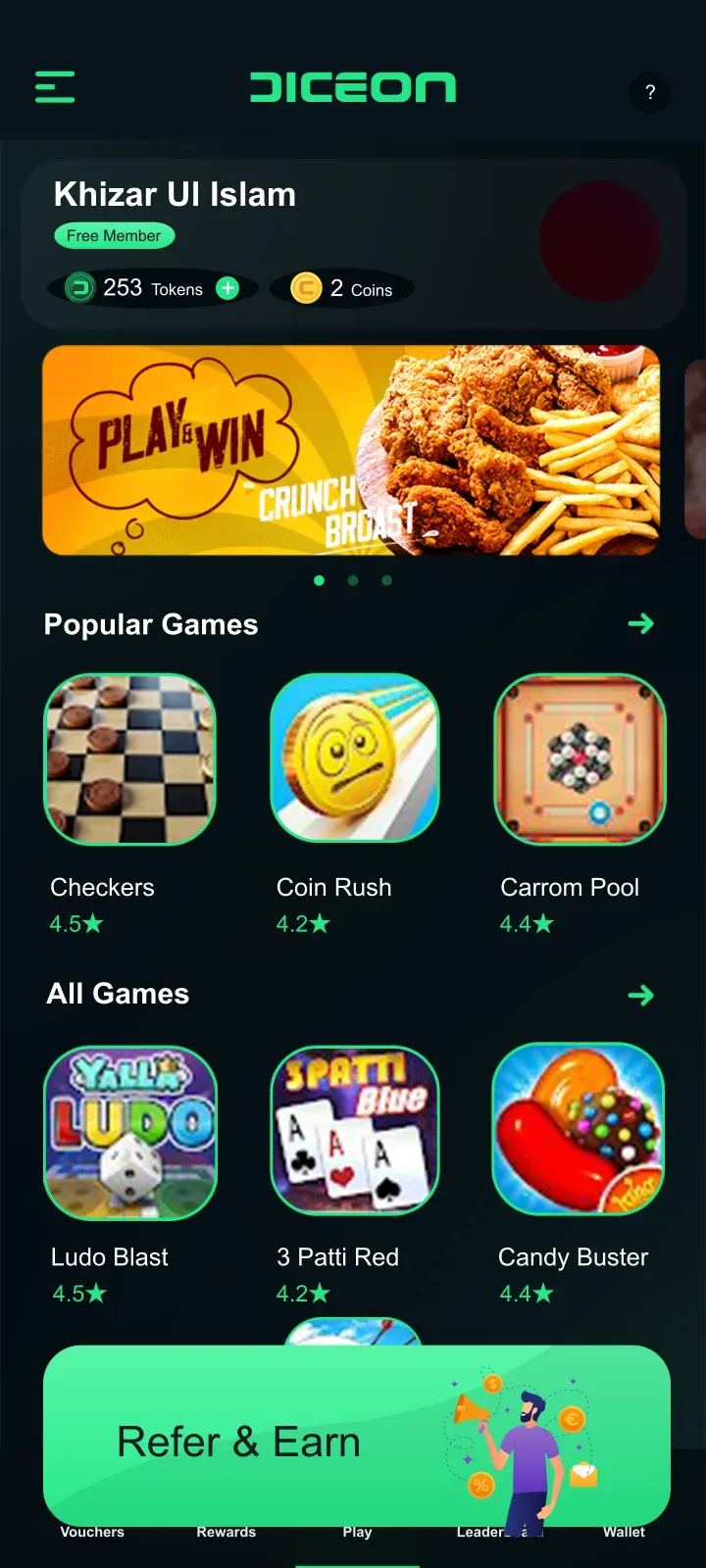 DICEON home screen with popular games, all games and a Refer & Earn banner.