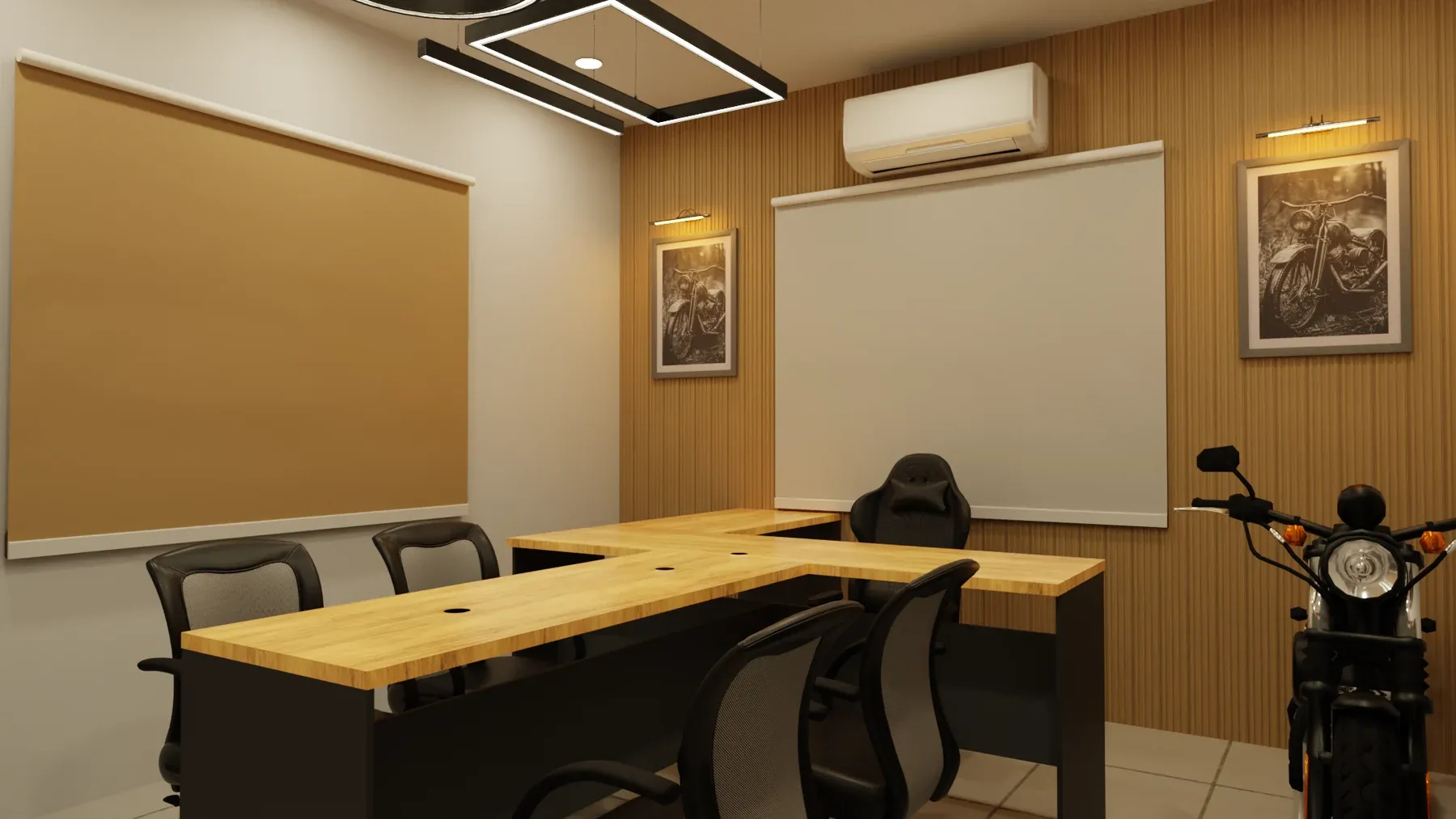 Meeting room from another angle with a pinboard, desks and a motorbike beside the wall.