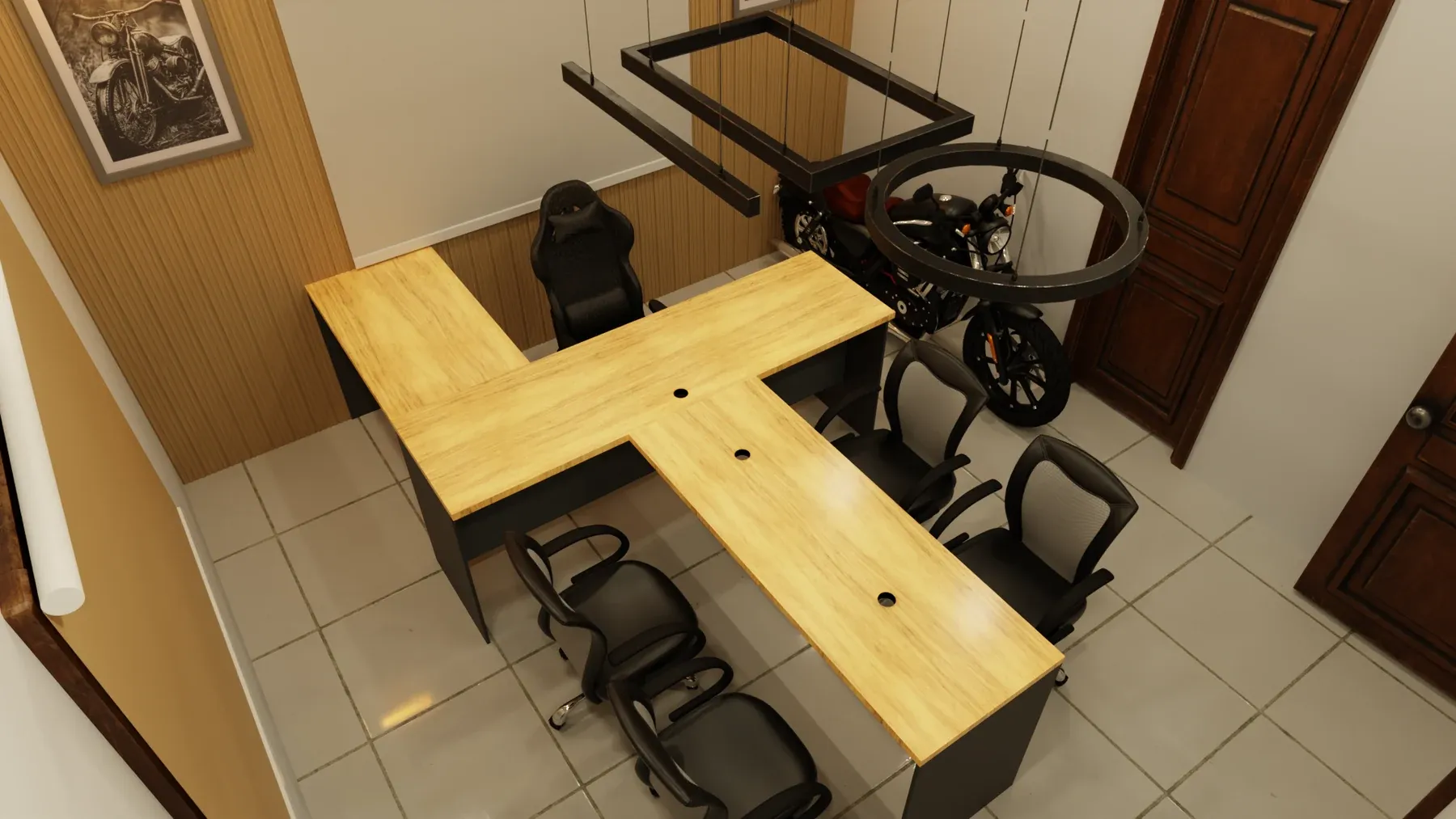 High view of an L-shaped light-wood desk with chairs and a motorbike in a meeting room.
