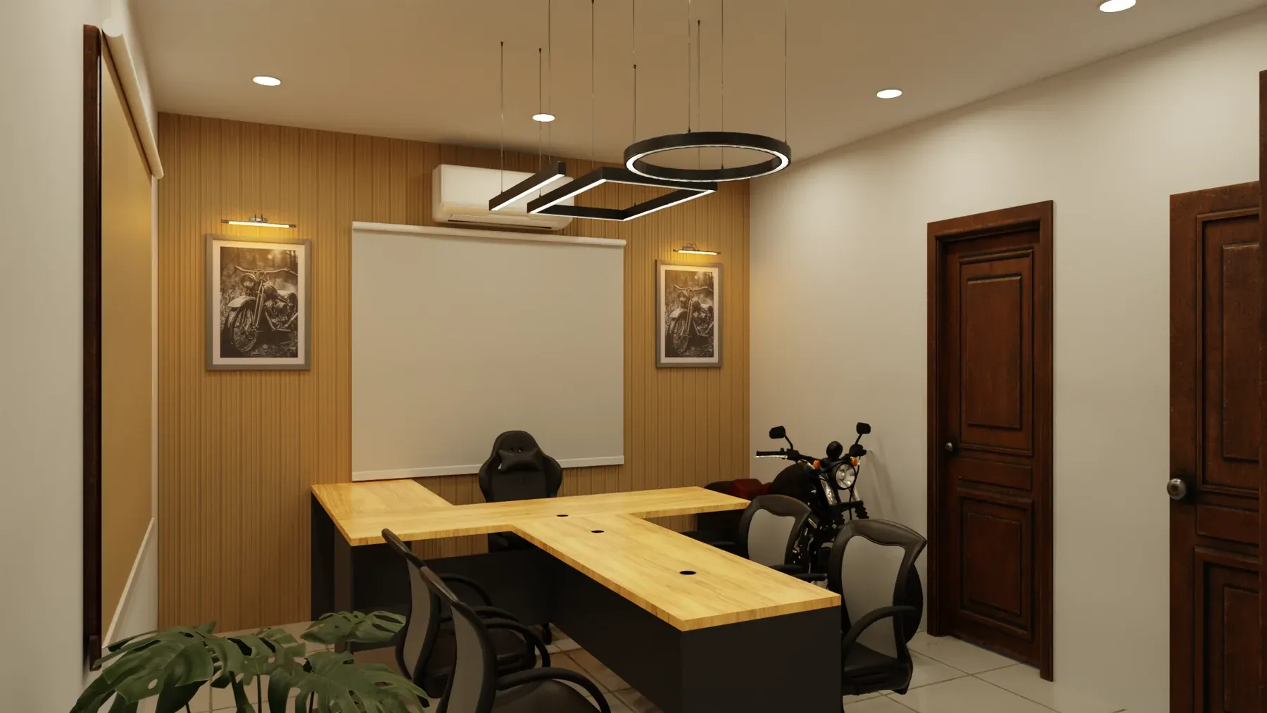 Meeting room with timber wall panels, a wall display and a long light-wood table.