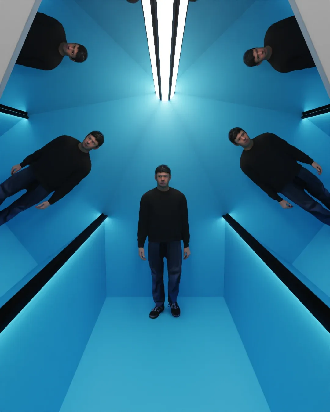 A figure standing at the centre of a blue corridor with mirrored walls.