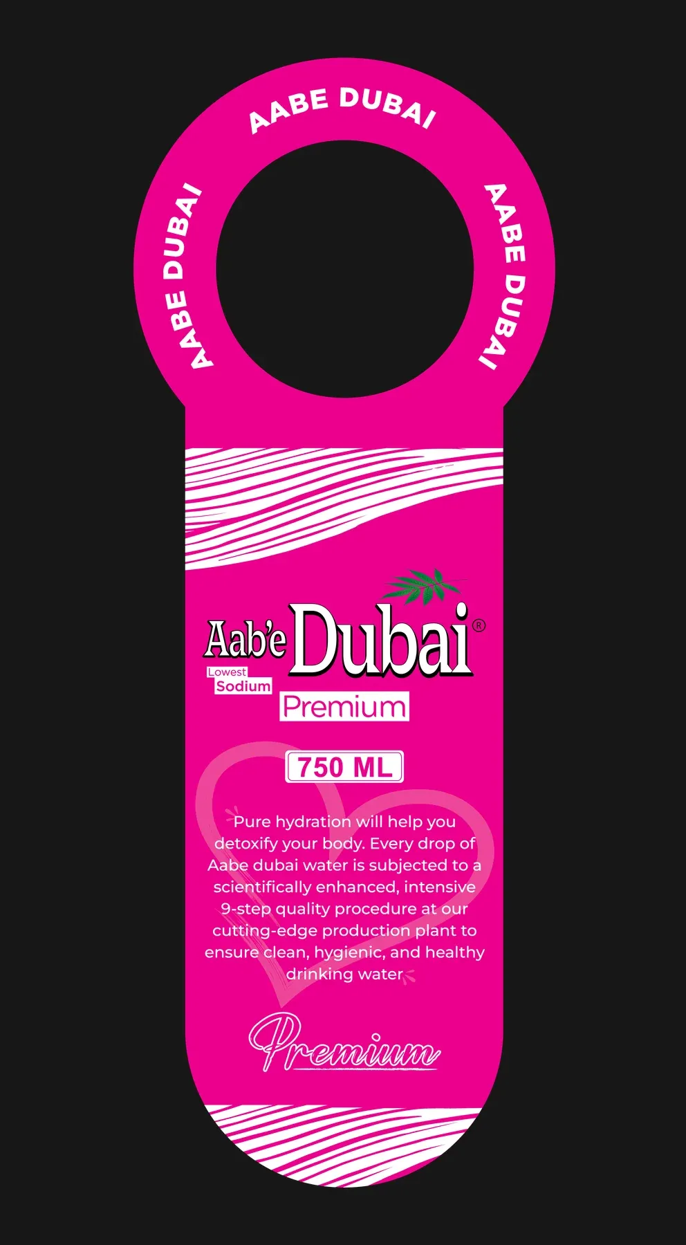 Flat artwork of a pink ring-shaped neck tag reading Aab'e Dubai Premium 750 ML.