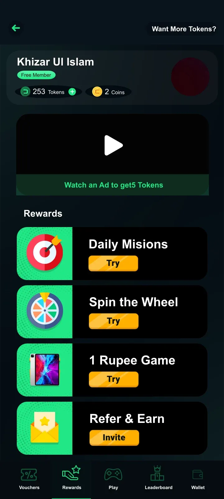 DICEON rewards screen with daily missions, spin the wheel and refer and earn.