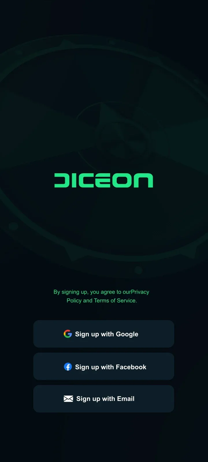 DICEON screen offering sign-up with Google, Facebook or email.