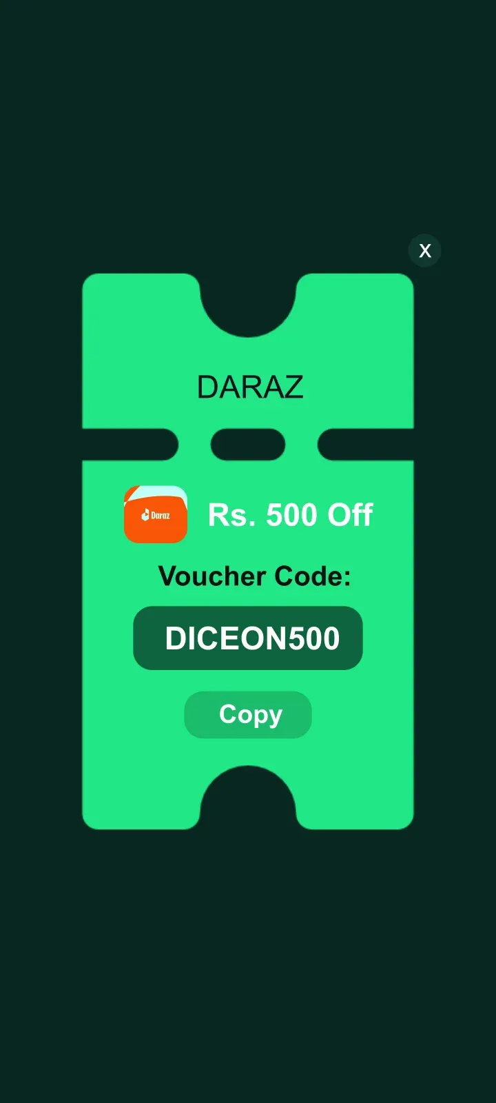 DICEON voucher card for Daraz with a copyable code.