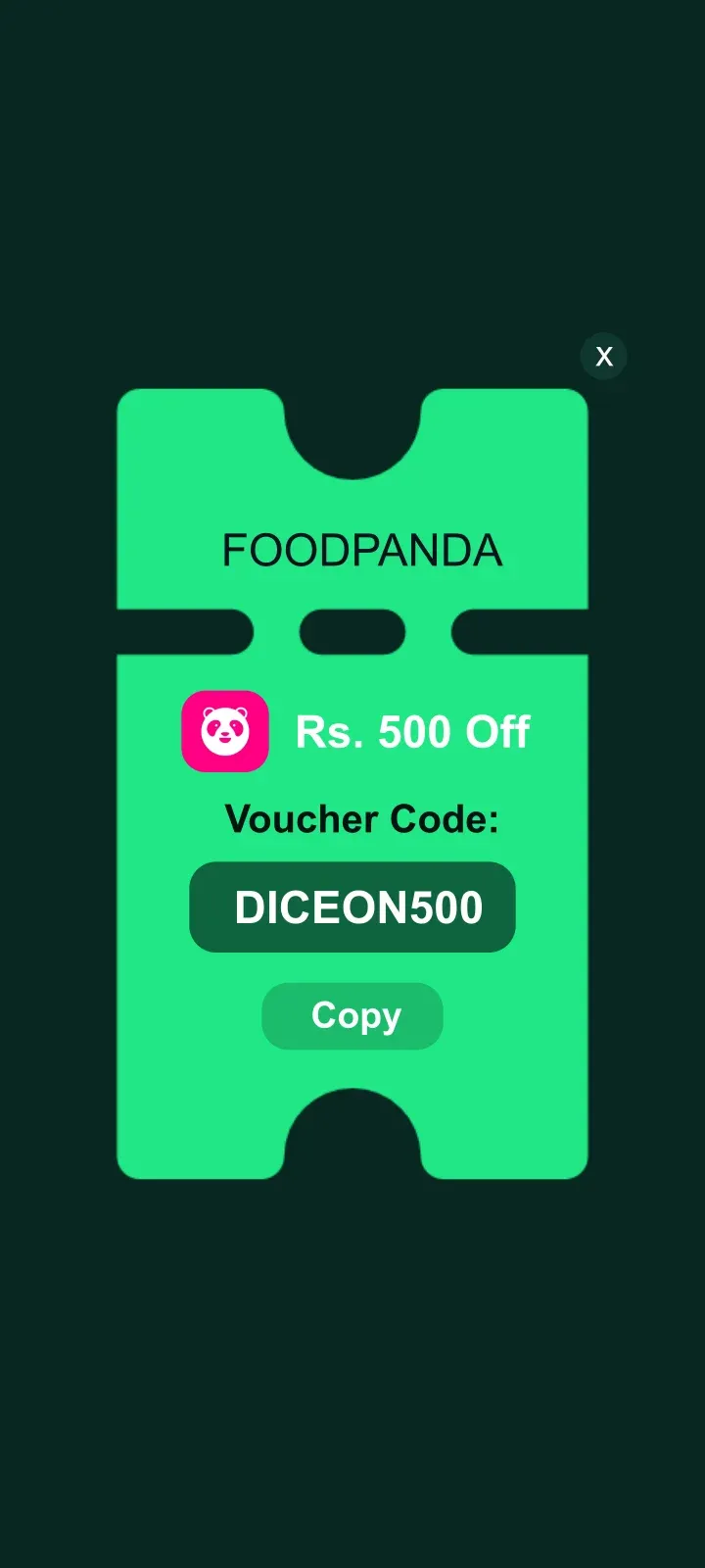 DICEON voucher card for Foodpanda with a copyable code.