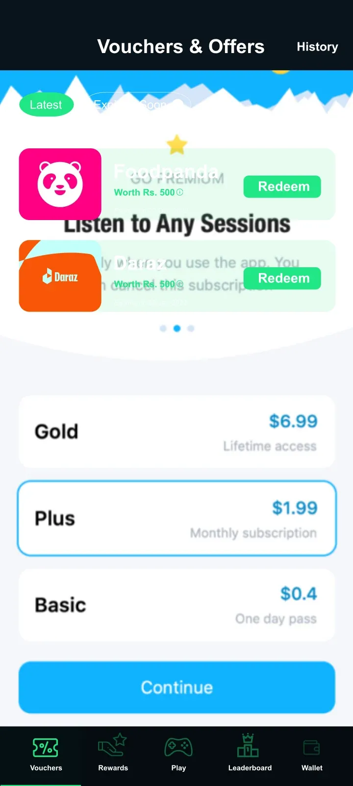 DICEON vouchers and offers screen with Gold, Plus and Basic plans.